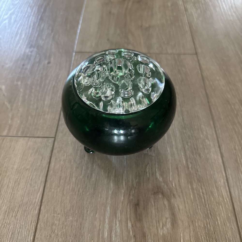 VTG Viking Glass "Flowerlite" Frog Bowl Emerald Green 3-Footed Clear Lid